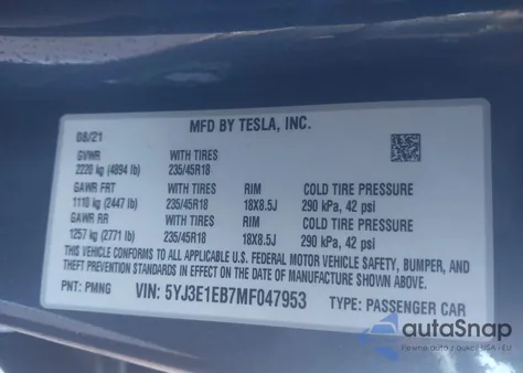 2021 Tesla Model 3 Long Range Dual Motor All-Wheel Drive из США, поврежденный, VIN 5YJ3E1EB7MF047953